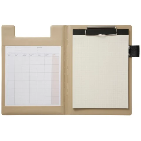 Laconic A5 Fieldpad in Beige opened to a monthly calendar block and a grid notepad under the clip