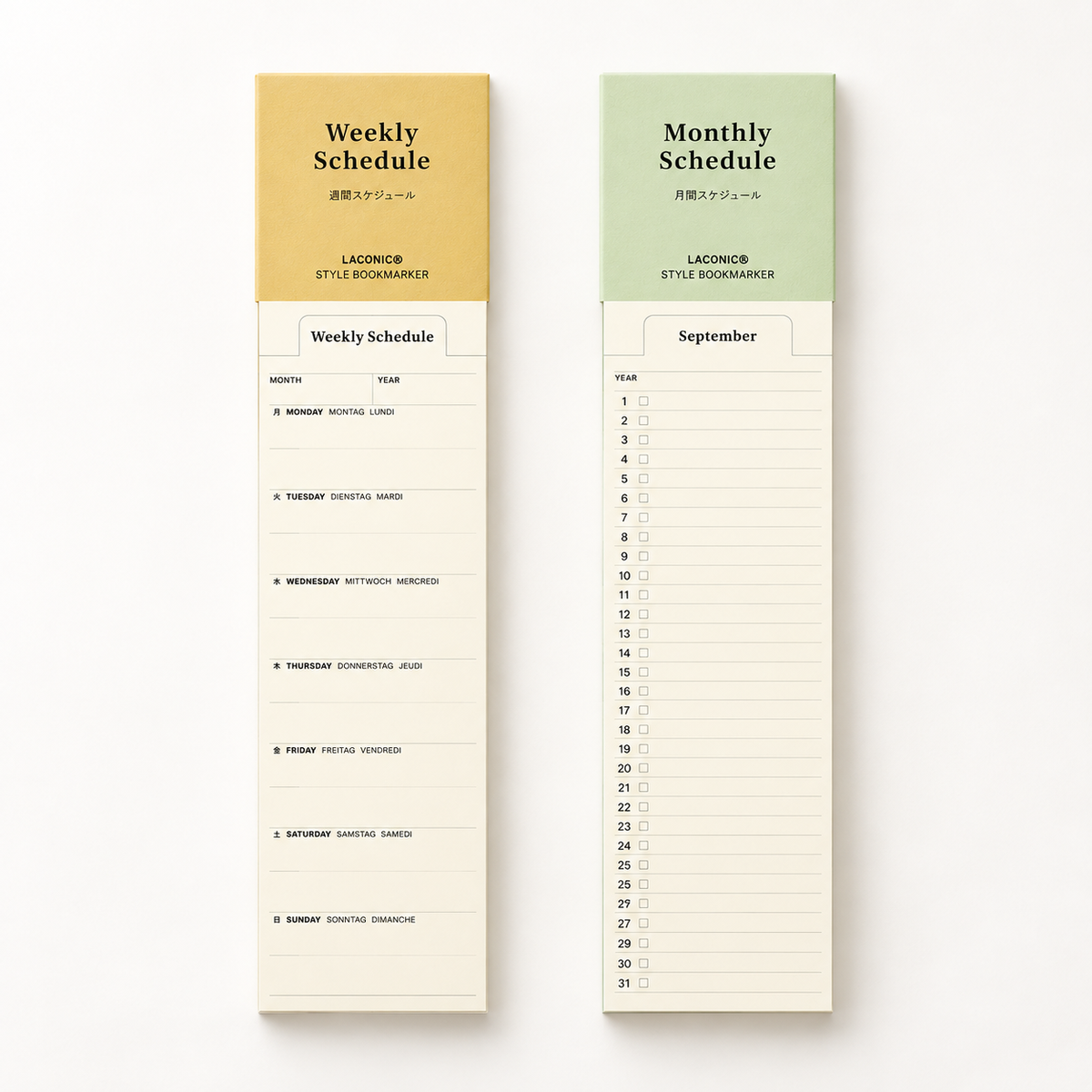 Laconic Style Bookmarkers in Weekly Schedule and Monthly Schedule versions