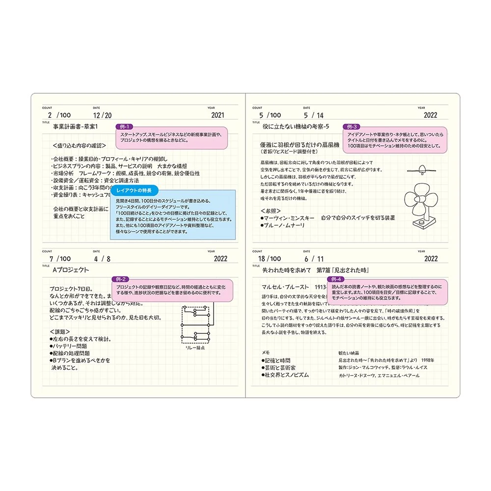 Laconic 100 Days Notebook spread with sample entries, two days per page