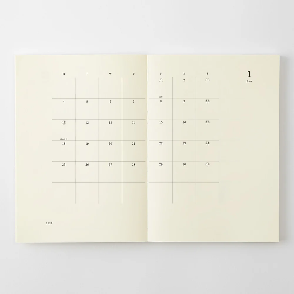 Midori MD Notebook Diary 2027 opened to a monthly calendar spread