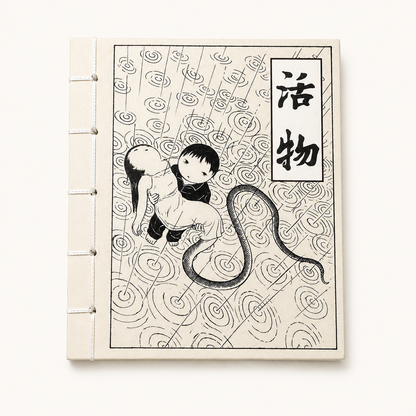 Cream Japanese stab-bound notebook with black ink rain, figures, snake illustration, and bold characters on the cover.