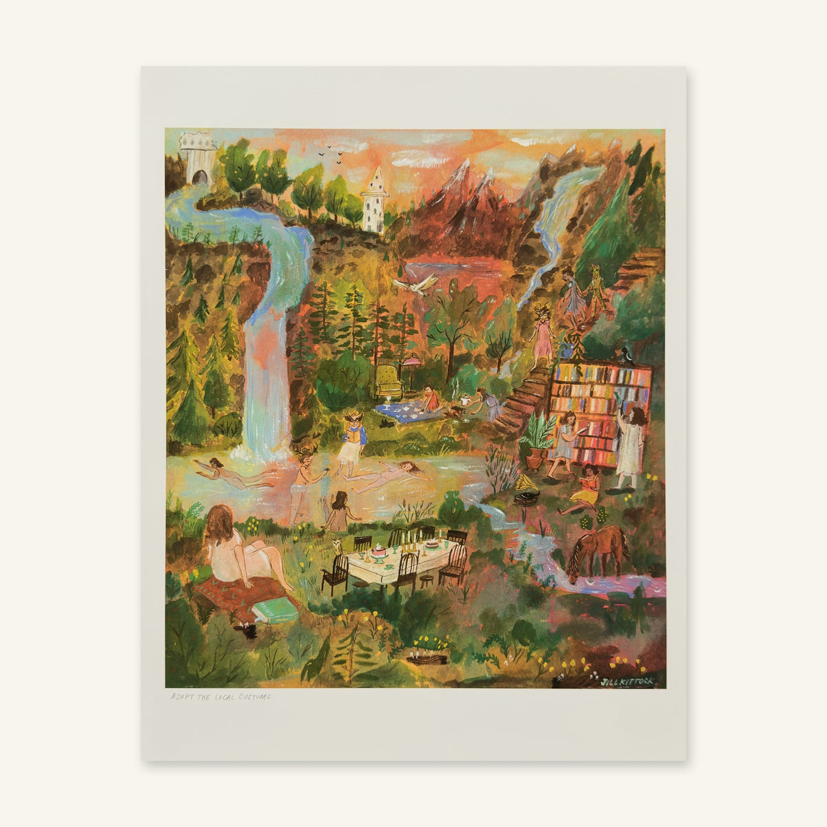 Adopt the Local Customs art print by Jill Kittock lying flat, showing the full print and border