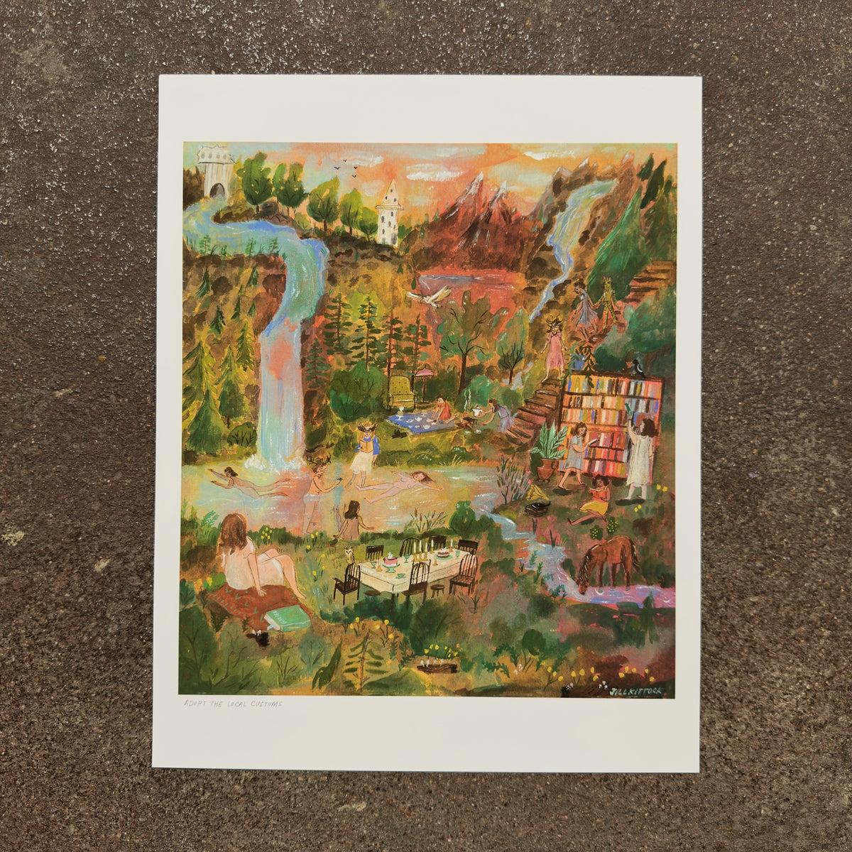 Adopt the Local Customs art print by Jill Kittock laid on a concrete floor