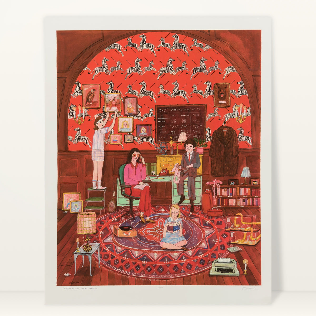 I Always Wanted to Be a Tenenbaum art print by Jill Kittock against a light studio wall: a family each doing their own thing in a red room with zebra wallpaper