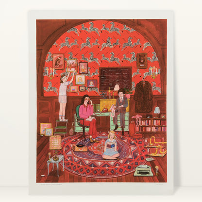 I Always Wanted to Be a Tenenbaum art print by Jill Kittock against a light studio wall: a family each doing their own thing in a red room with zebra wallpaper