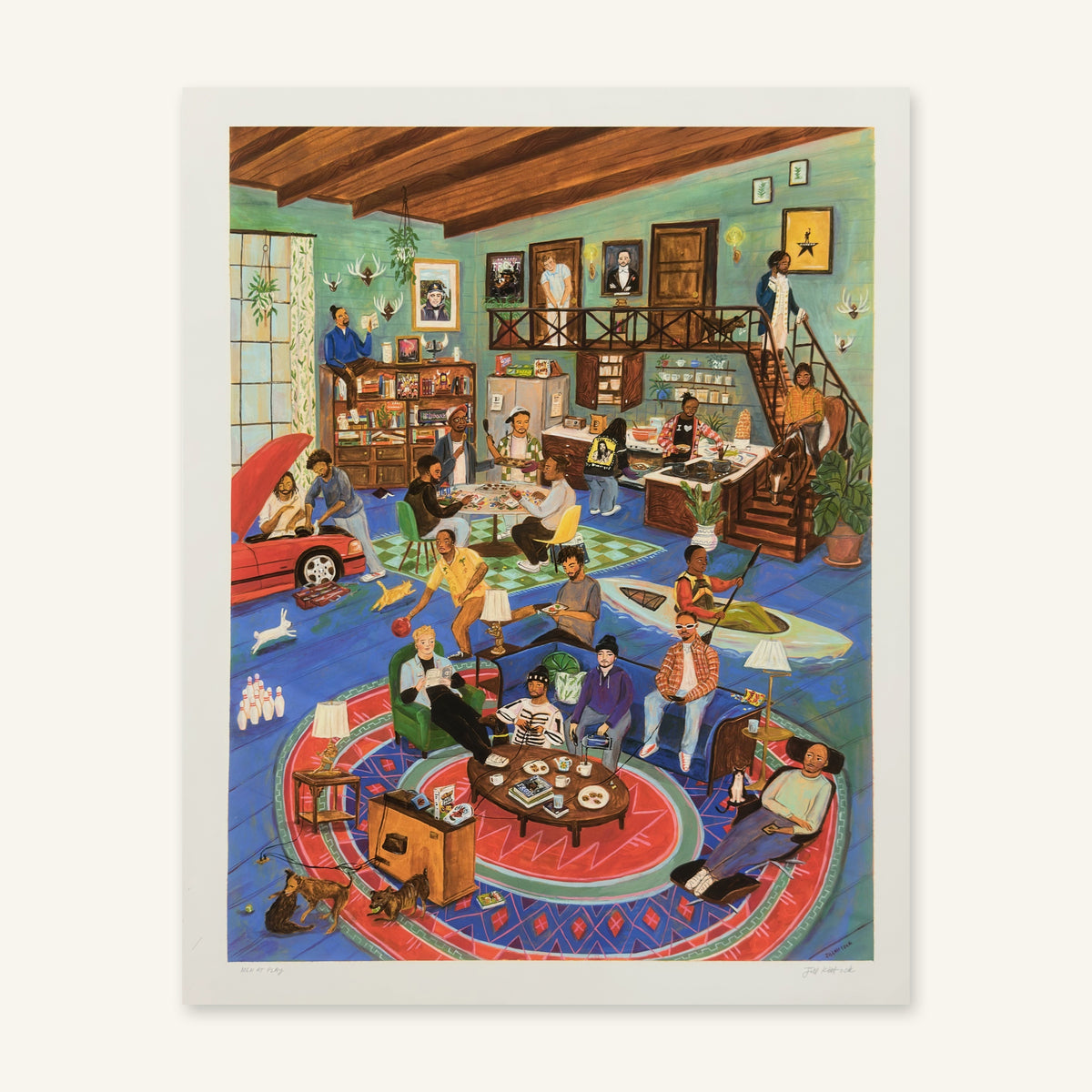Men at Play art print by Jill Kittock lying flat, showing the full print and border