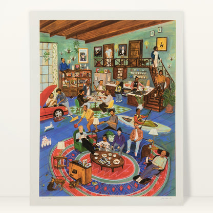 Men at Play art print by Jill Kittock against a light studio wall: a crowded blue-floored den full of men hanging out, with a red car and a canoe