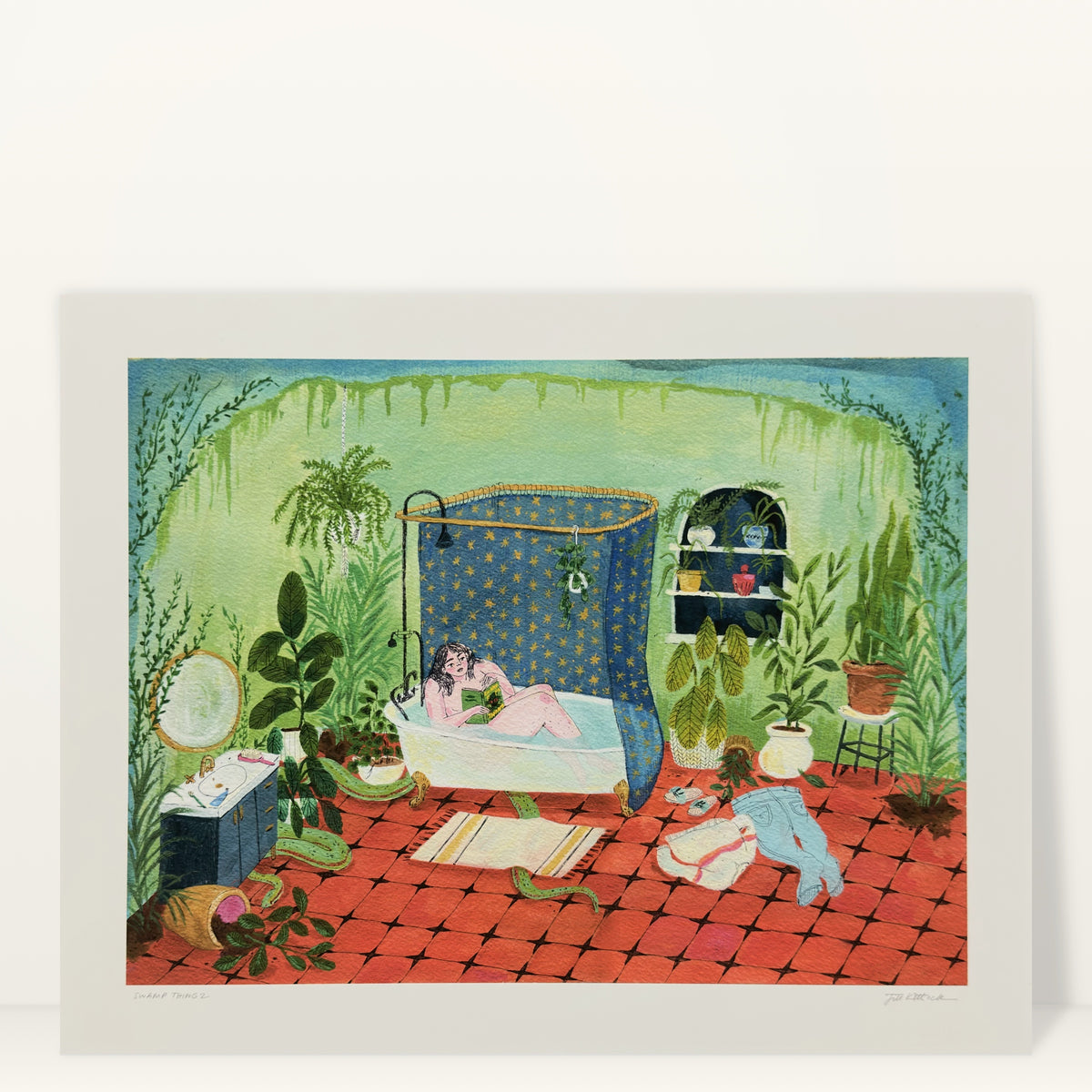 Swamp Thing 2 art print by Jill Kittock against a light studio wall: a woman reading in a plant-filled bathroom with a snake on the red tile floor