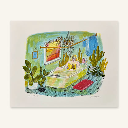 Swamp Thing art print by Jill Kittock, 10 x 8 size, lying flat: a woman reading in a plant-filled green bathroom