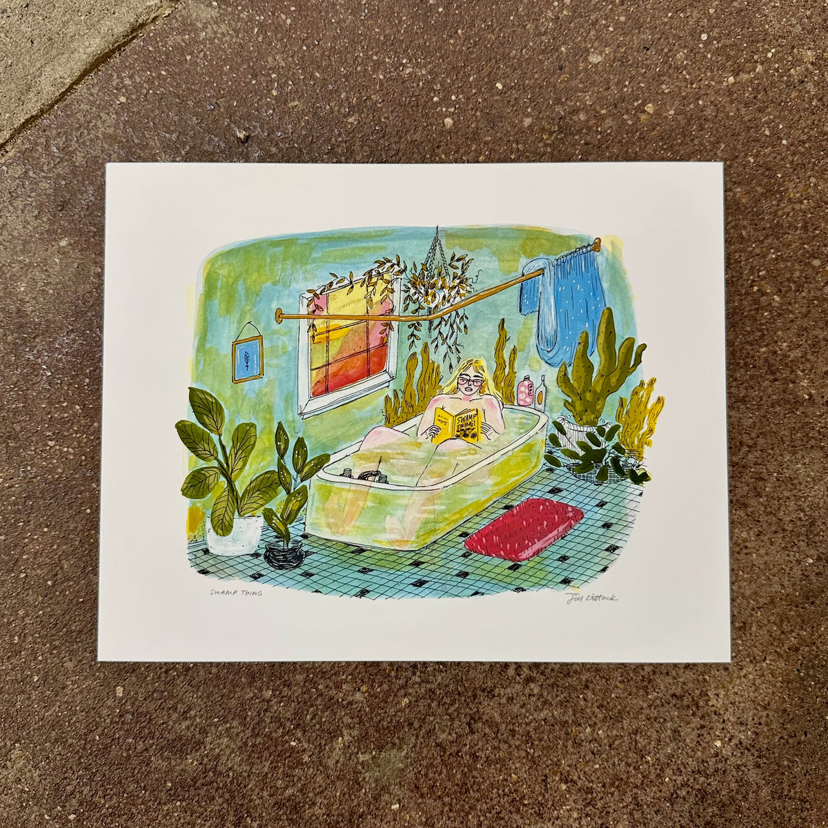 Swamp Thing art print by Jill Kittock, 10 x 8 size, laid on a concrete floor