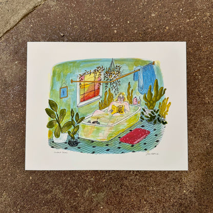 Swamp Thing art print by Jill Kittock, 10 x 8 size, laid on a concrete floor