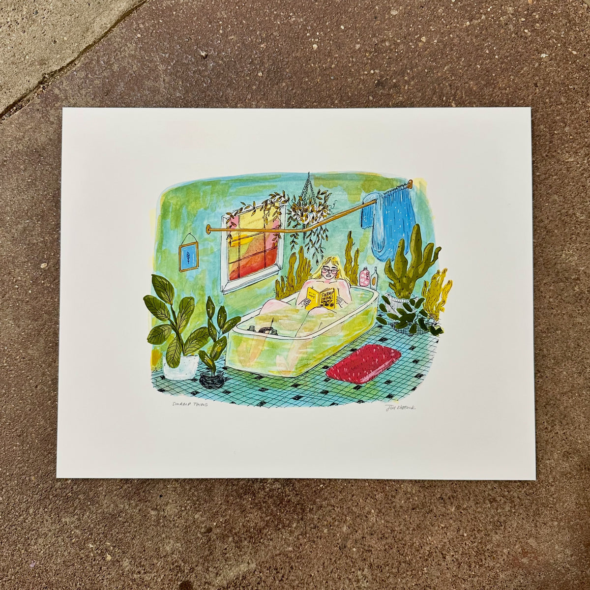 Swamp Thing art print by Jill Kittock, 14 x 11 size, laid on a concrete floor