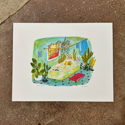Swamp Thing art print by Jill Kittock, 14 x 11 size, laid on a concrete floor