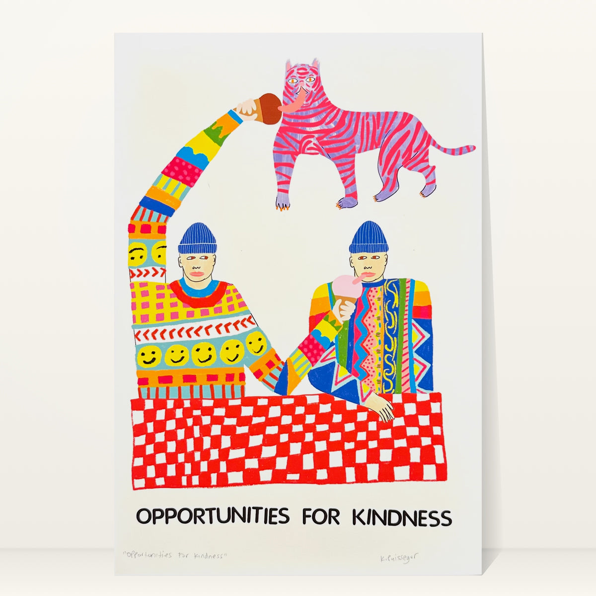 Opportunities for Kindness art print by Kelly Puissegur: two men in patchwork sweaters share ice cream with a pink striped tiger