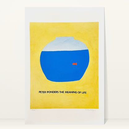 Peter Ponders the Meaning of Life art print by Kelly Puissegur: a single orange goldfish in a blue bowl on a yellow background
