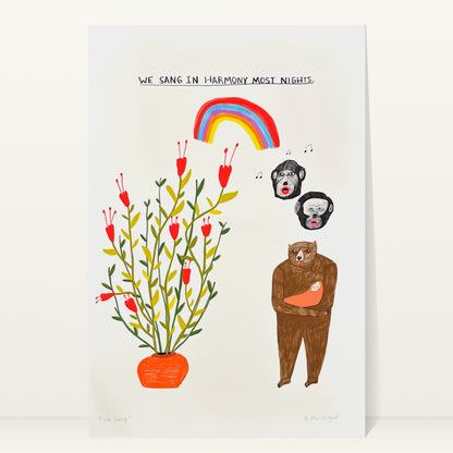 We Sang in Harmony Most Nights art print by Kelly Puissegur: a bear holding a baby while two gorillas sing under a rainbow