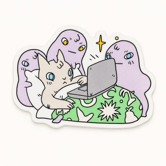 Cat Watching TV on Laptop w/ Ghosts Vinyl Sticker | Deth P. Sun (CA)