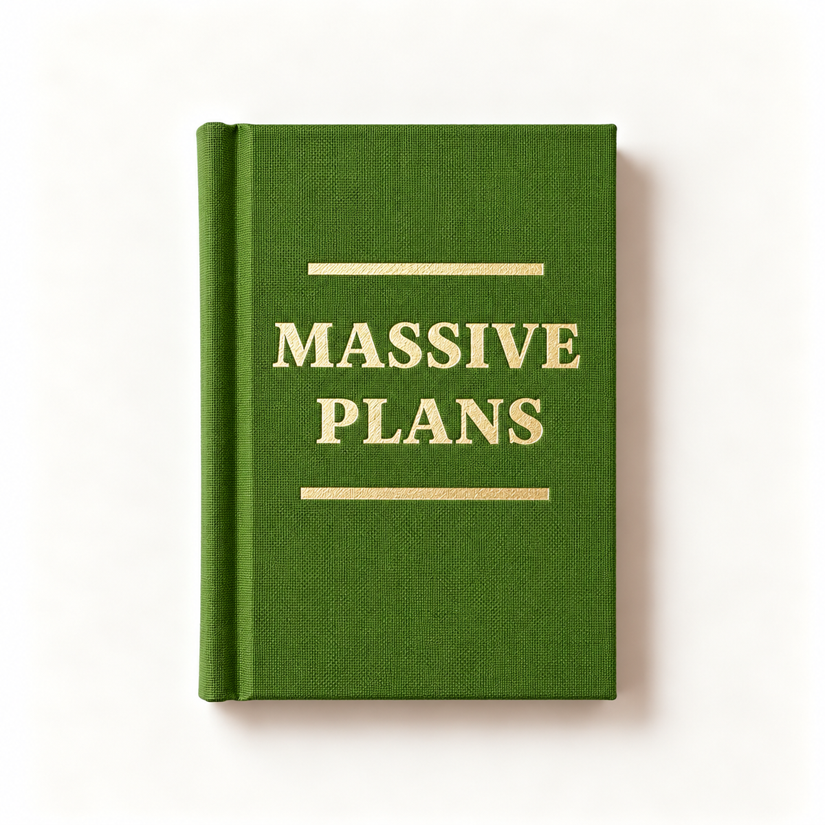 Massive Plans A7 fabric hardback notebook by Ohh Deer, olive green linen cover with gold lettering between gold rules, studio shot