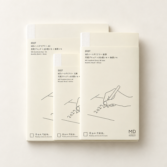 Three cream-colored MD Product notebooks with minimalist black line drawings and Japanese text, arranged in a fan-like stack on a light beige background.