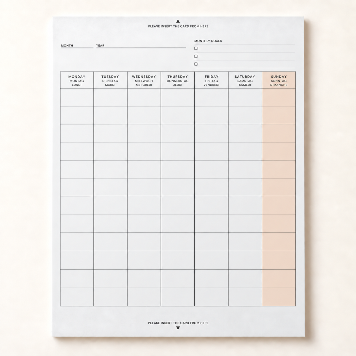 Laconic A5 Fieldpad Monthly refill, an undated calendar sheet with Monday-to-Sunday columns