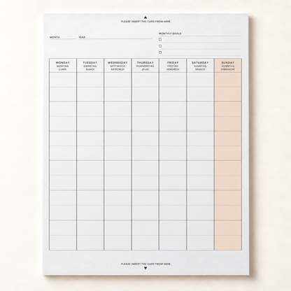 Laconic A5 Fieldpad Monthly refill, an undated calendar sheet with Monday-to-Sunday columns