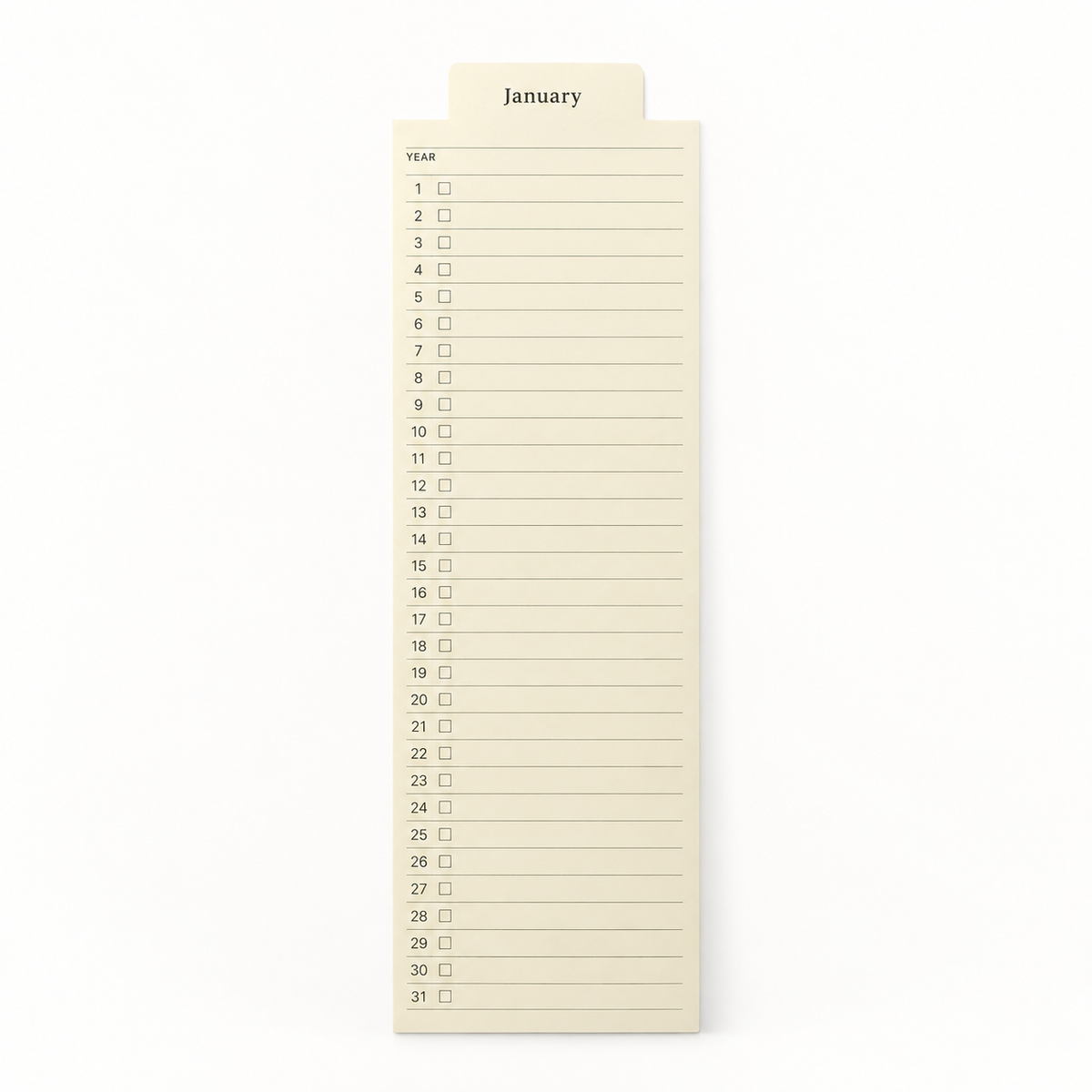 A cream-colored monthly calendar notepad showing the 'January' tab at the top, with numbered days from 1 to 31 on a clean white background.