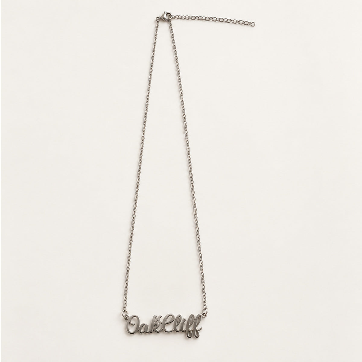Silver Oak Cliff script name necklace on cable chain with extender