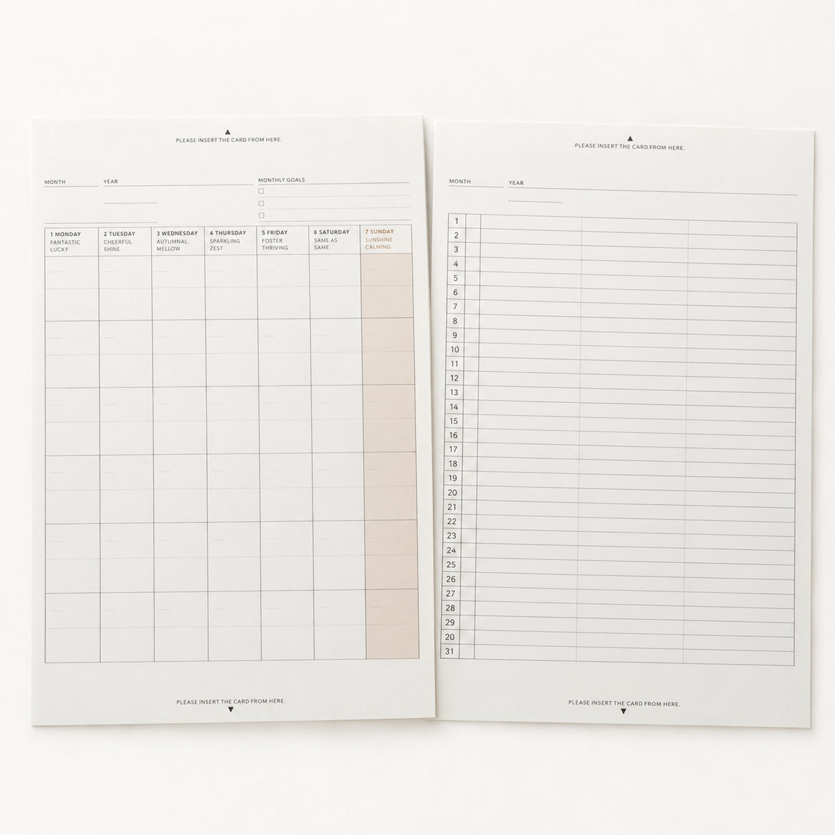 Laconic A5 Fieldpad refill sheets, Monthly calendar and Gantt Chart