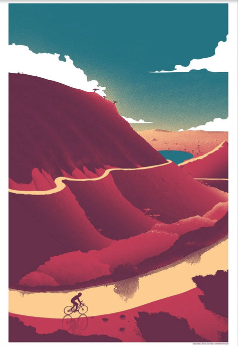 Poster of a mountainous landscape with a cyclist on a white background