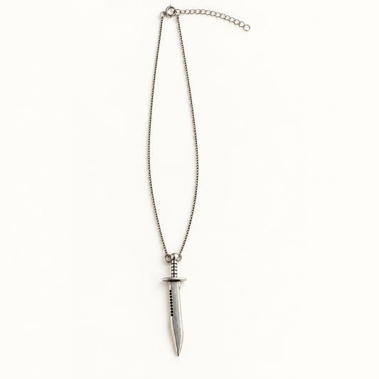 Silver Bowie knife pendant necklace on stainless steel chain with extender