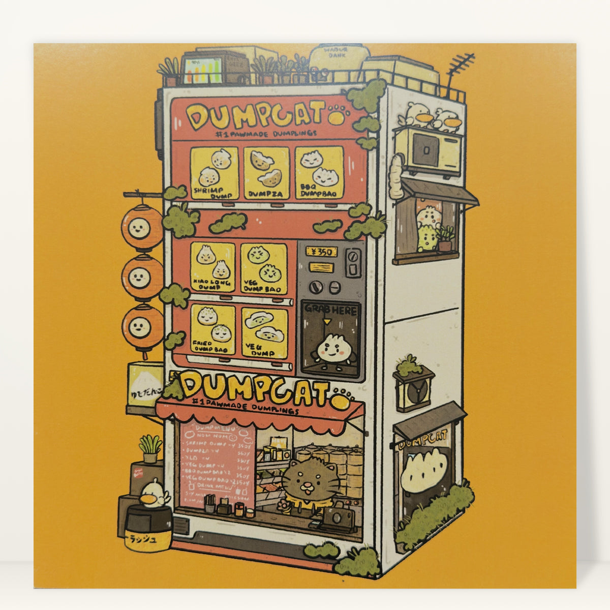 Dumpling Cat art print by Sushiboiiiyy: a tall Dumpcat dumpling shop, studio photo on a light background