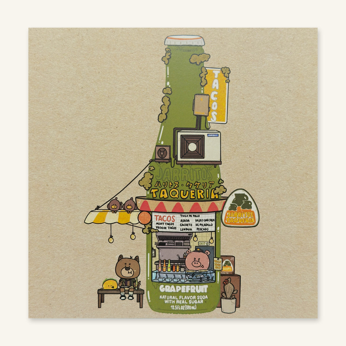 Jarritos Taqueria art print by Sushiboiiiyy photographed flat, showing the full artwork: a Jarritos bottle drawn as a taqueria