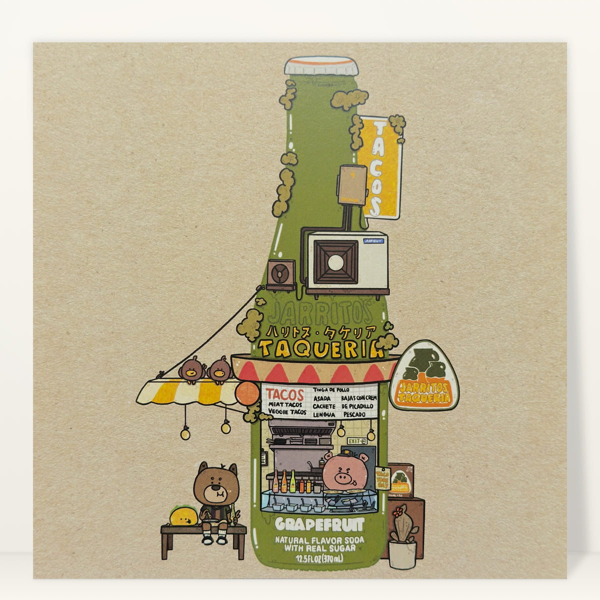 Jarritos Taqueria art print by Sushiboiiiyy: a Jarritos bottle drawn as a taqueria, studio photo on a light background