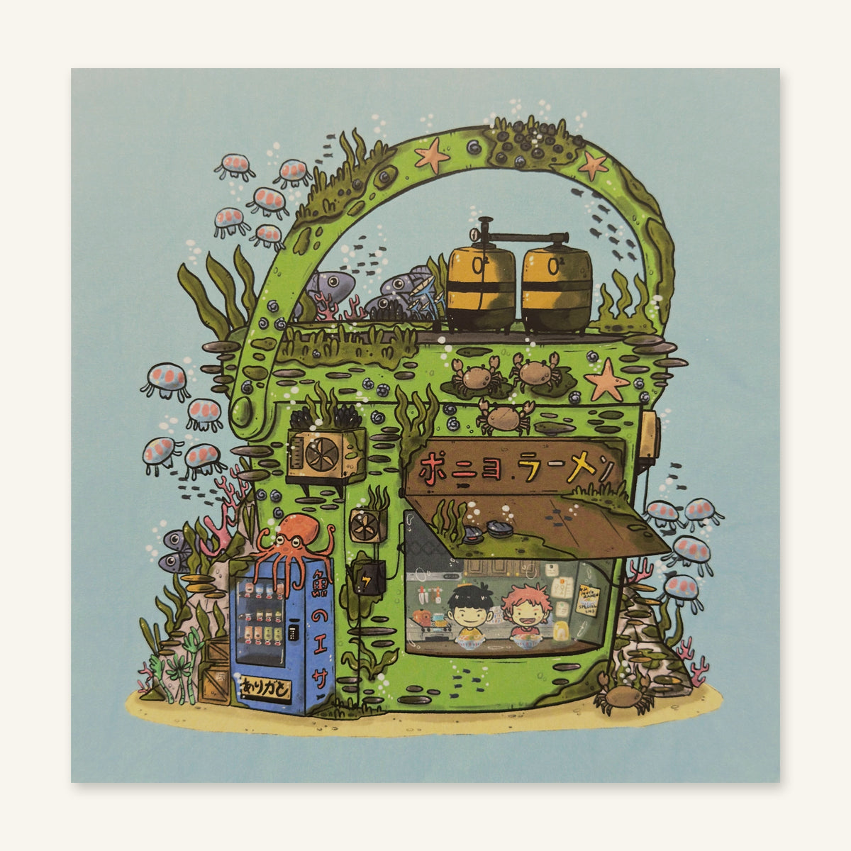 Ponyo Bucket Store art print by Sushiboiiiyy photographed flat, showing the full artwork: a green bucket ramen shop on the sea floor