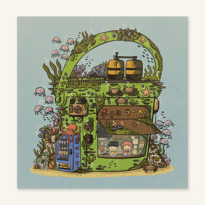 Ponyo Bucket Store art print by Sushiboiiiyy photographed flat, showing the full artwork: a green bucket ramen shop on the sea floor