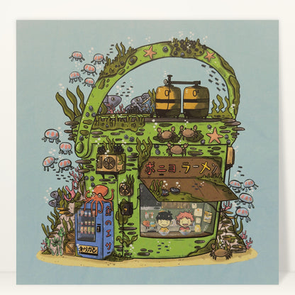 Ponyo Bucket Store art print by Sushiboiiiyy: a green bucket ramen shop on the sea floor, studio photo on a light background