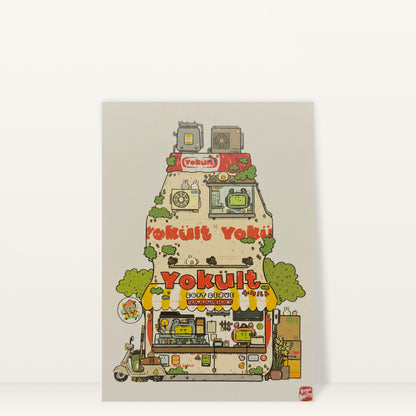 Yokult Soft Serve mini art print by Sushiboiiiyy: a Yakult bottle drawn as a soft serve shop, studio photo on a light background