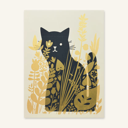 Cat Behind Plants 18x24 screenprint photographed flat, showing the full sheet