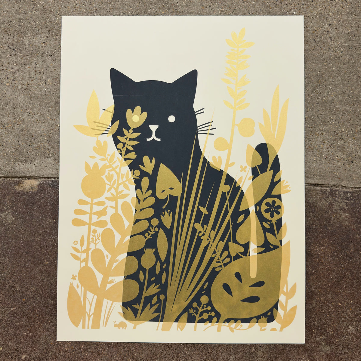Cat Behind Plants 18x24 screenprint photographed at We Are 1976 in Dallas