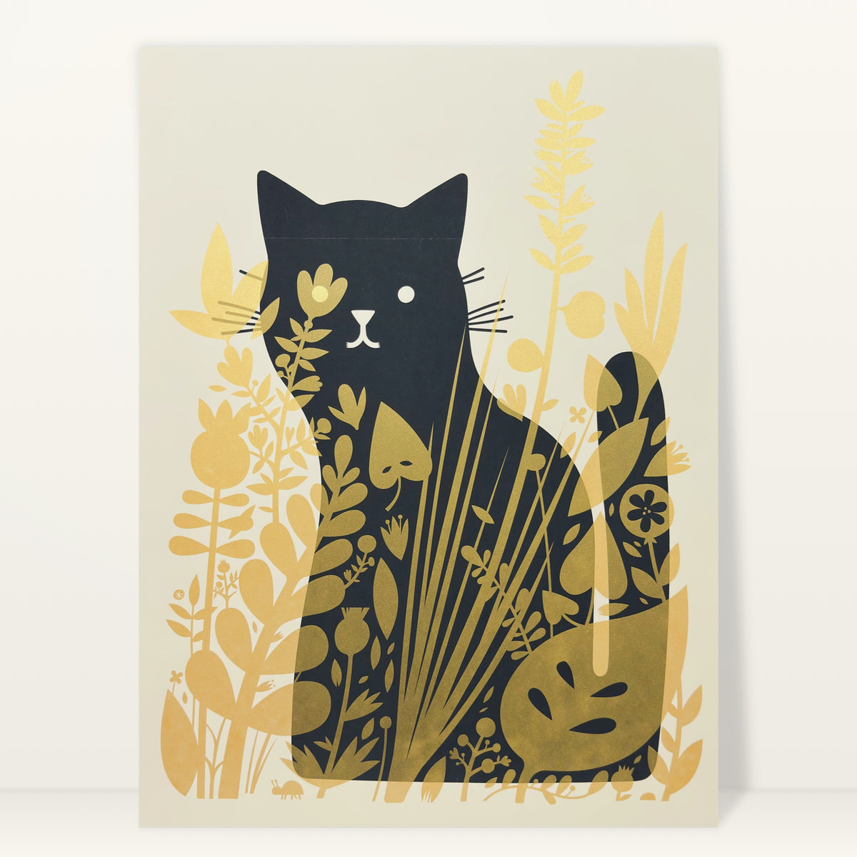 Cat Behind Plants 18x24 screenprint by The Little Friends of Printmaking: a black cat hidden among gold plants
