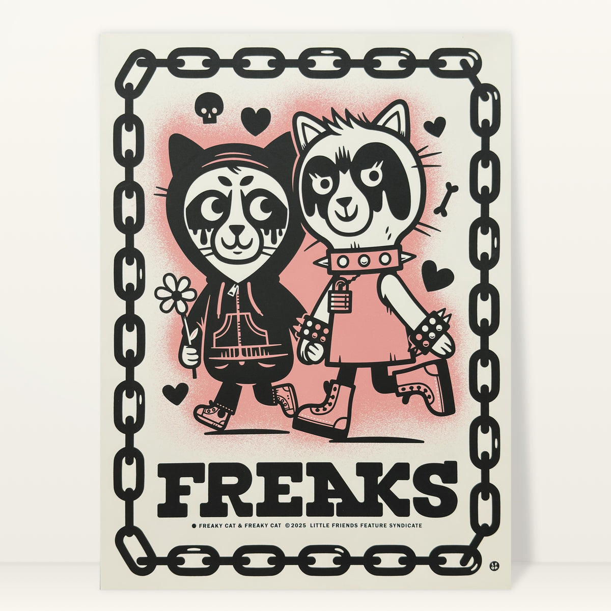 Freaks screenprint by The Little Friends of Printmaking: two punk cats walking together inside a chain border