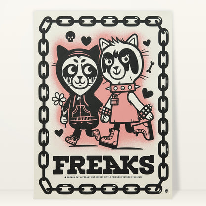 Freaks screenprint by The Little Friends of Printmaking: two punk cats walking together inside a chain border