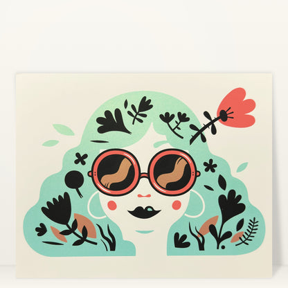 Green Goddess screenprint by The Little Friends of Printmaking: a woman in round sunglasses with mint green hair full of flowers