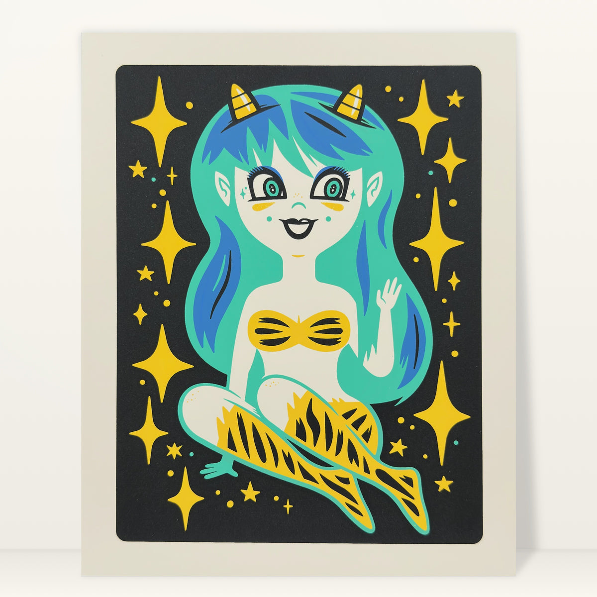 Hello, Darling! screenprint by The Little Friends of Printmaking: a horned girl with long teal hair among gold stars on black