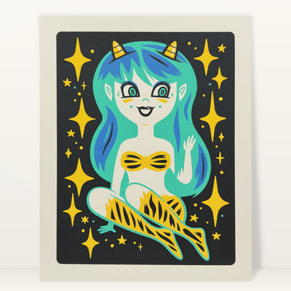 Hello, Darling! screenprint by The Little Friends of Printmaking: a horned girl with long teal hair among gold stars on black