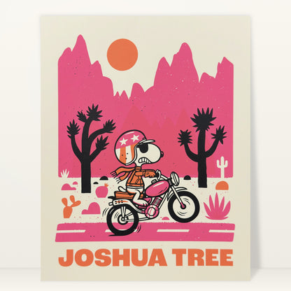 Joshua Tree screenprint by The Little Friends of Printmaking: a rider on a motorbike among Joshua trees under pink mountains