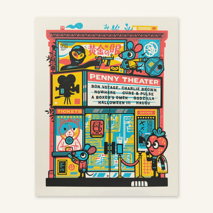 Penny Theater v3 screenprint photographed flat, showing the full sheet