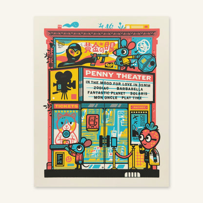 Penny Theater v2 screenprint photographed flat, showing the full sheet