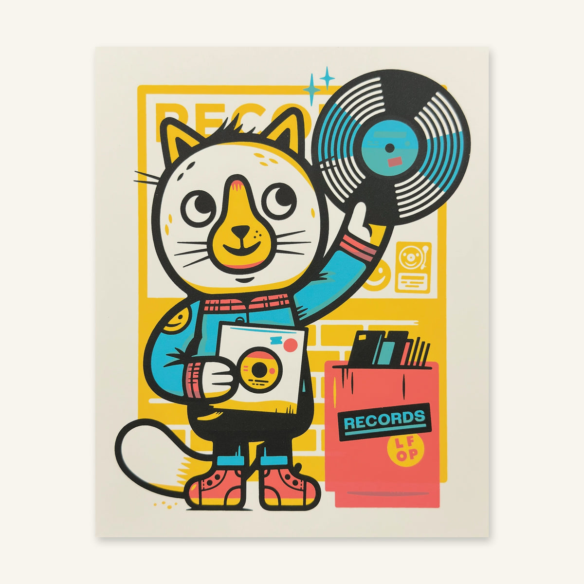 Record Cat screenprint photographed flat, showing the full sheet