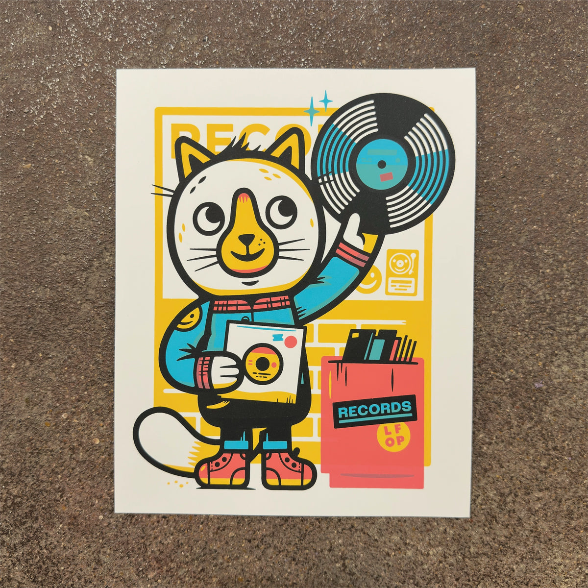 Record Cat screenprint photographed at We Are 1976 in Dallas